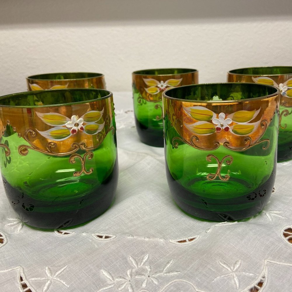 5 VTG Moser Czech Glass Whiskey Green Gold Gilt Enamel Bohemian